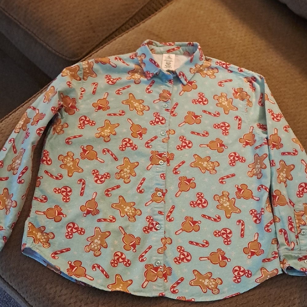 Disney Holiday Gingerbread Candy Cane Womens Flannel Shirt Size: Large